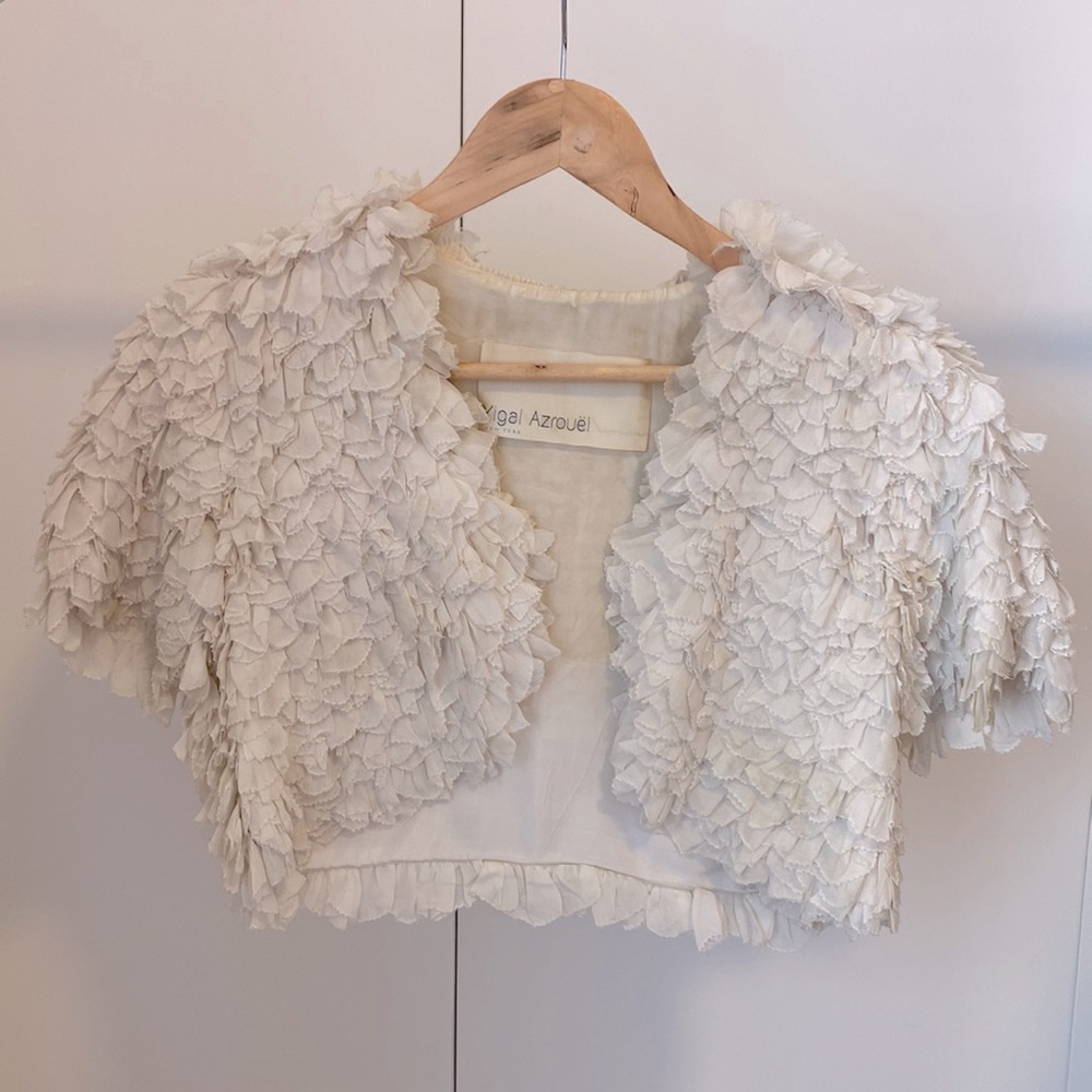 Yigal Azrouel cream chiffon silk feathered bolero